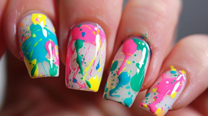 Unhas com arte abstrata colorida