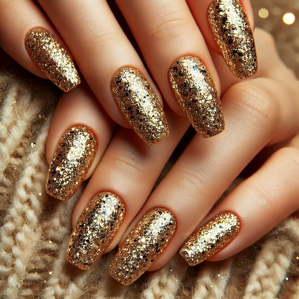Unhas com glitter dourado brilhante